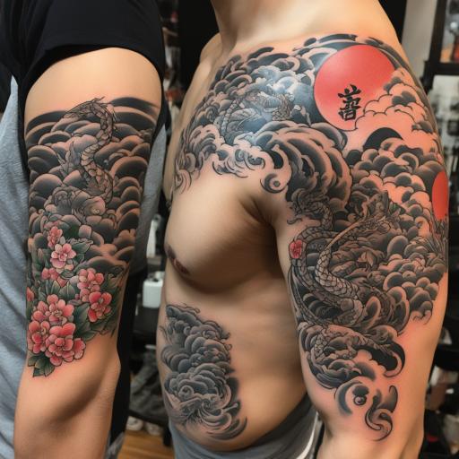 in the style of japanese tattoo, with a tattoo of Quiero un tattoo estilo japonés con referencias al karate y sus enseñanzas.  Que muestre a un karateca entrenando en amquiwars