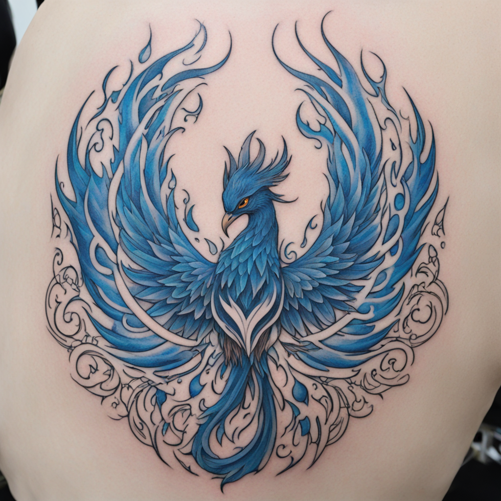 in the style of fineline tattoo, with a tattoo of BLUE PHOENIX FLAMES