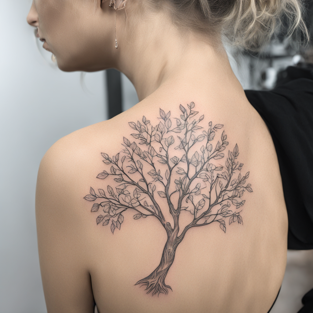 in the style of fineline tattoo, with a tattoo of a fine line tattoo of an ash tree with feminine elements