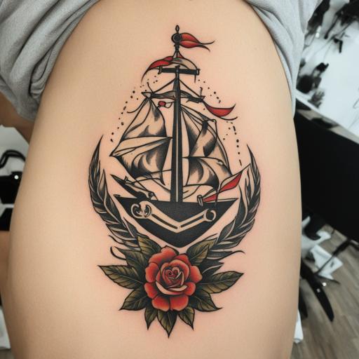 in the style of sailor jerry tattoo, with a tattoo of Vanha purjelaiva