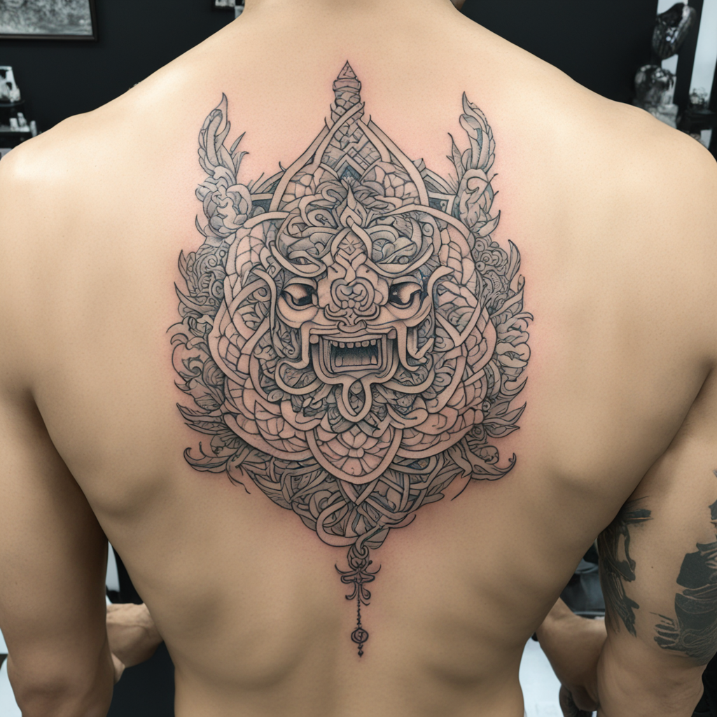 in the style of fineline tattoo, with a tattoo of Símbolo do Orochi juntamente da frase escrita 儚いものだ