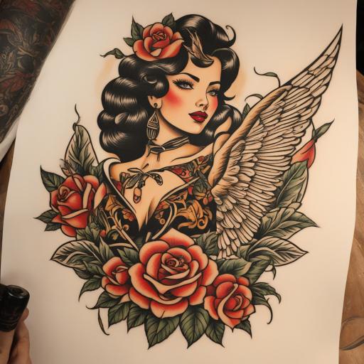 in the style of sailor jerry tattoo, with a tattoo of Vanha purjelaiva myrskyssä