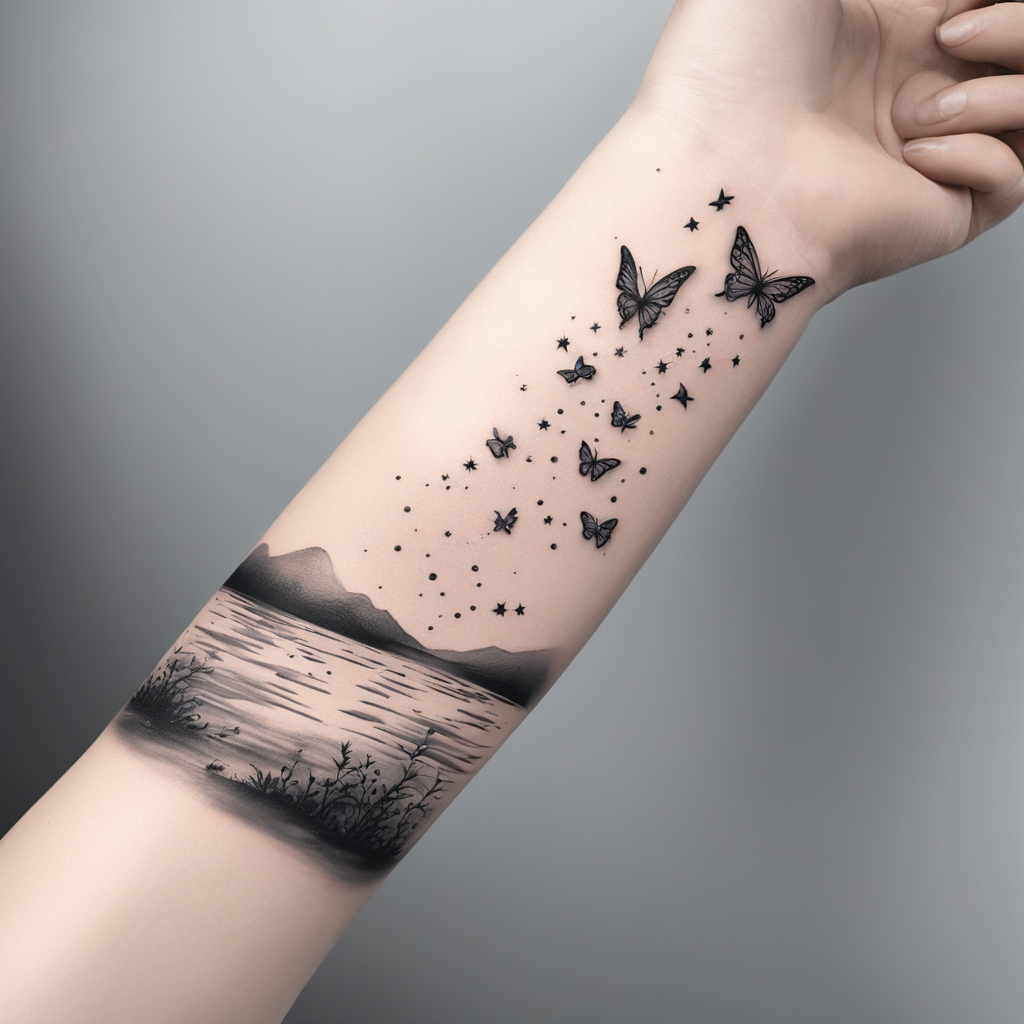 in the style of realism tattoo, with a tattoo of a minimalist greyscale tattoo design featuring a serene river flowing gently across the inner forearm