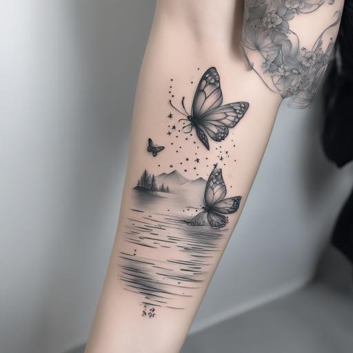 in the style of realism tattoo, with a tattoo of a minimalist greyscale tattoo design featuring a serene river flowing gently across the inner forearm