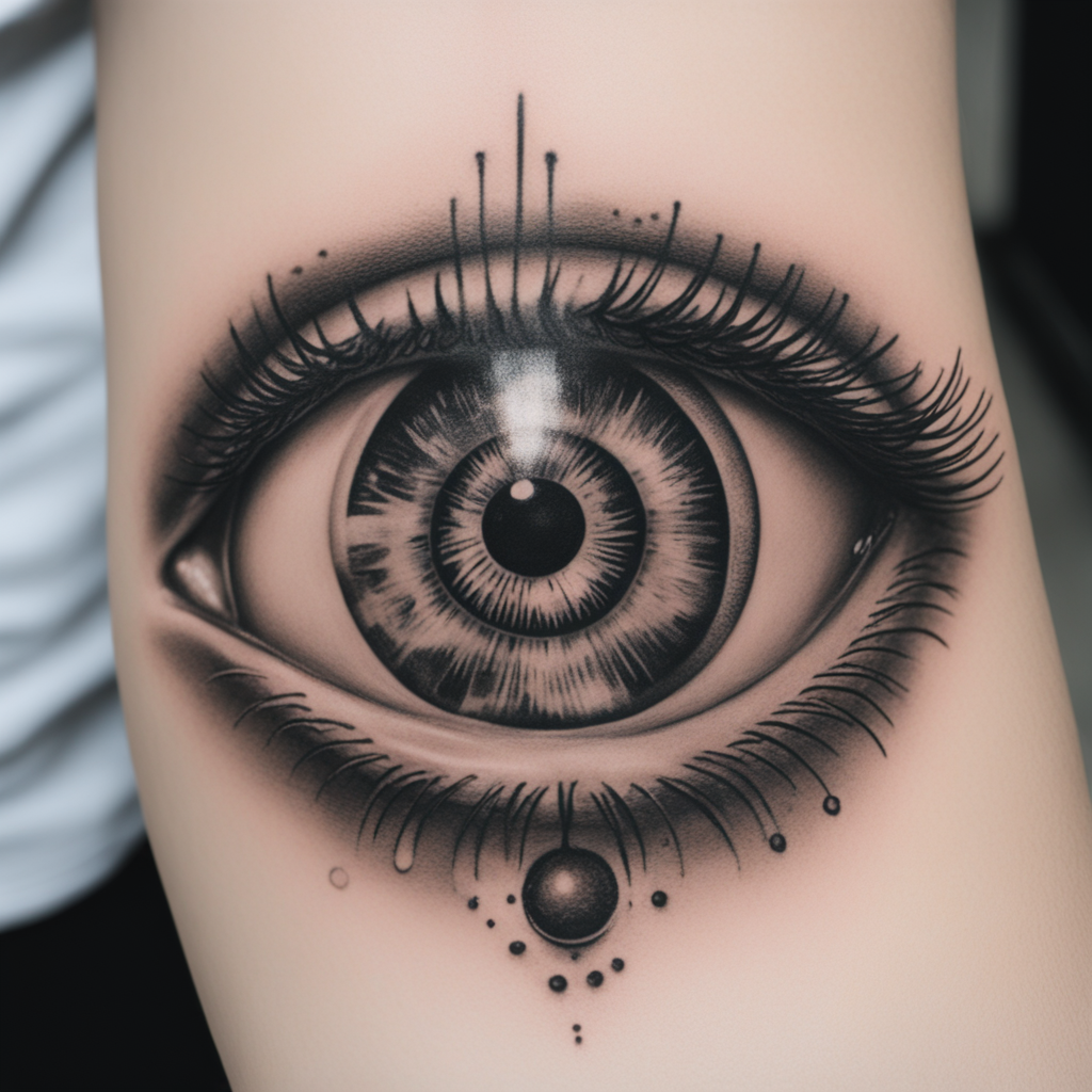 in the style of ignorant tattoo, with a tattoo of un oeil avec un objectif photographique au centre et une larme qui coule