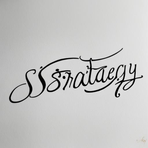 in the style of fineline tattoo, with a tattoo of A sophisticated signature written in thick marker on white paper of all capital letters written the word "STRATEGY"