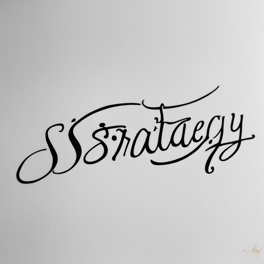 in the style of fineline tattoo, with a tattoo of A sophisticated signature written in thick marker on white paper of all capital letters written the word "STRATEGY"