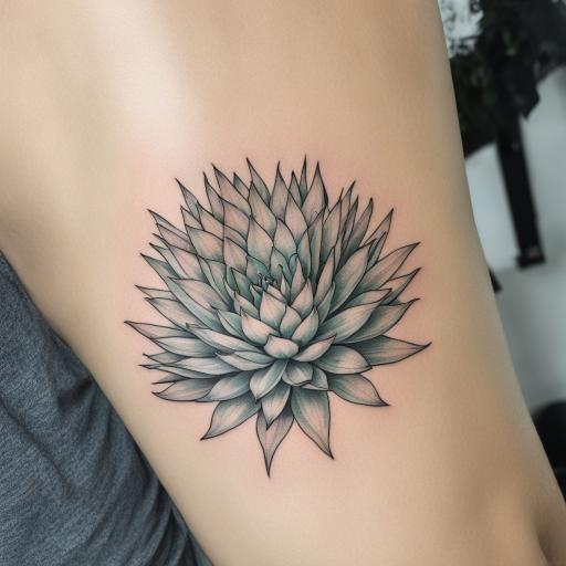 in the style of fineline tattoo, with a tattoo of Agave tattoo fine line with shading with imperfections and overgrown 