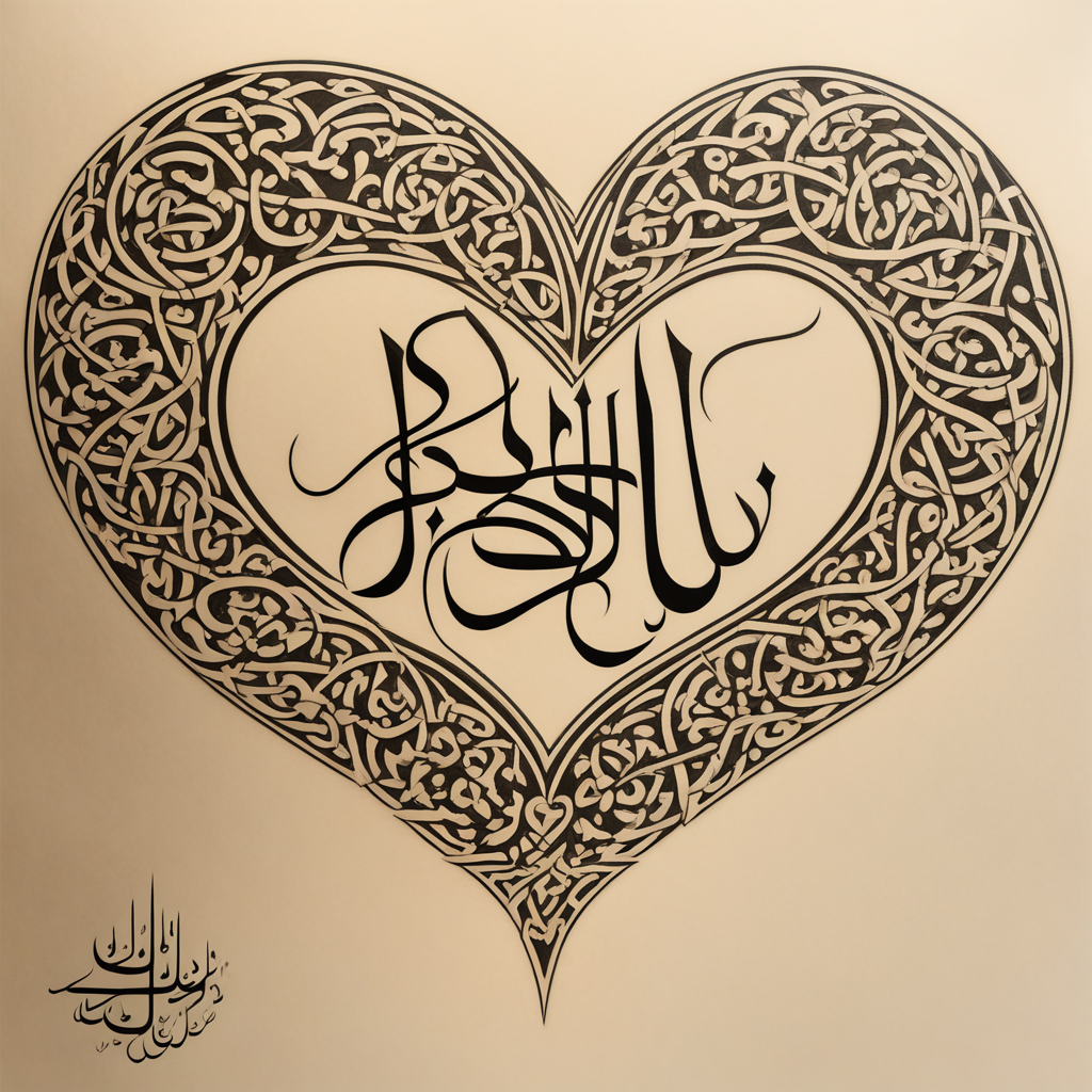 in the style of fineline tattoo, with a tattoo of Elegant Arabic calligraphy forming a heart shape