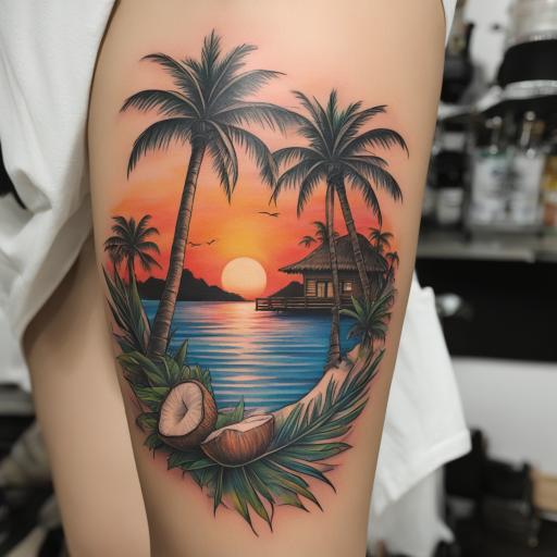 in the style of ignorant tattoo, with a tattoo of coconut tr