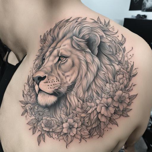 in the style of fineline tattoo, with a tattoo of smoke lion