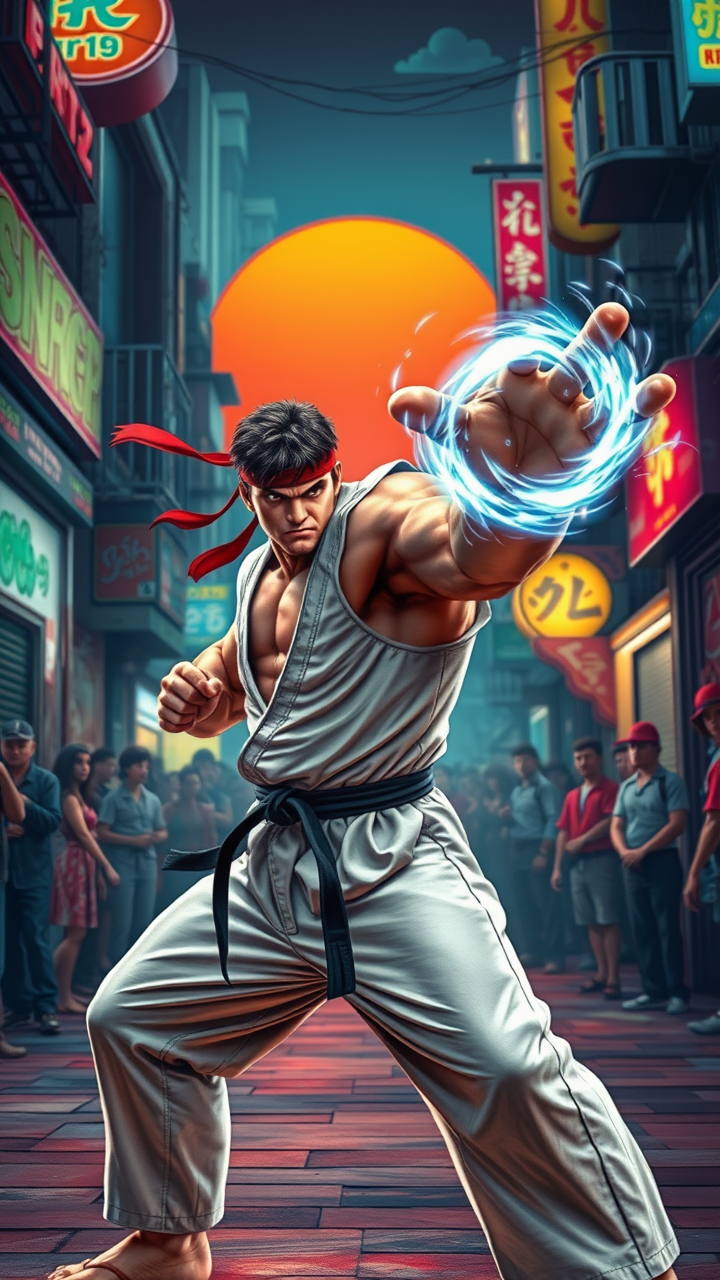 Neon Clash: Ryu's Hadouken Unleashed