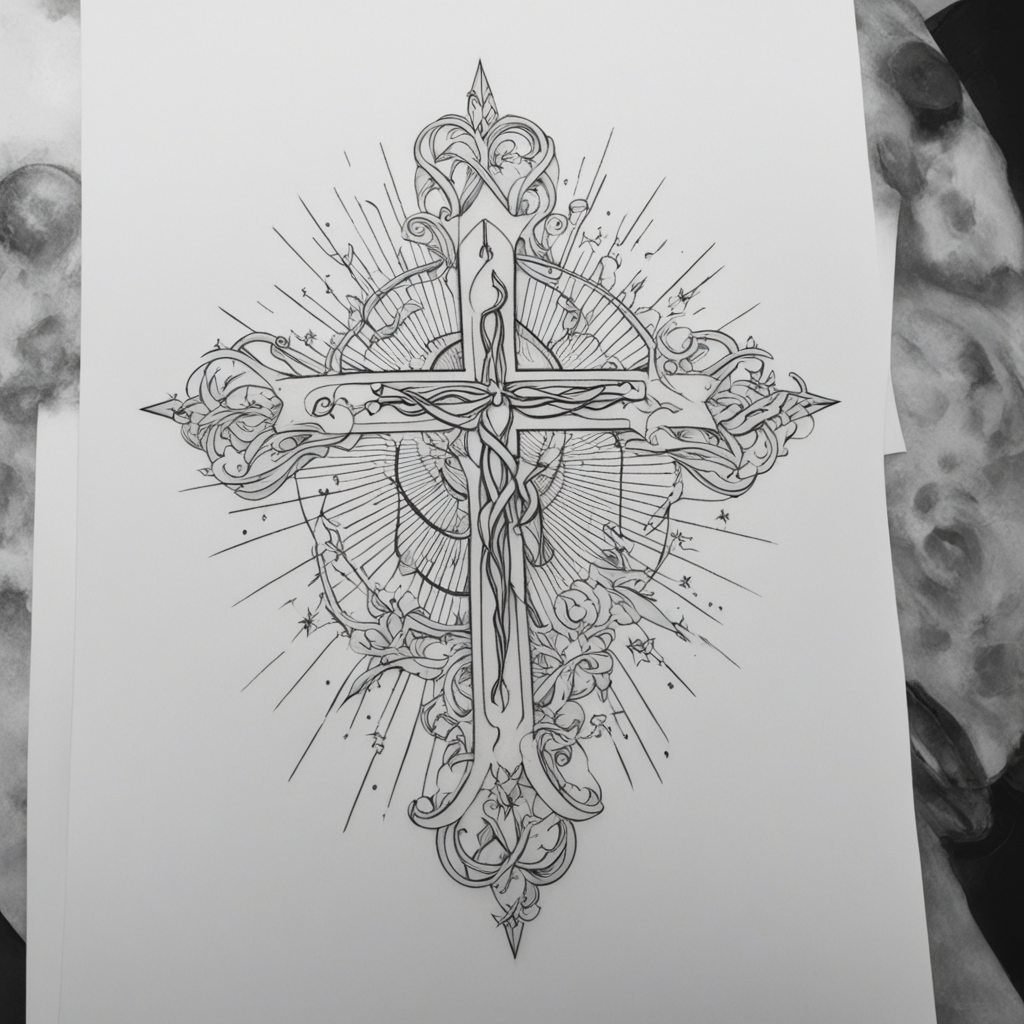 in the style of fineline tattoo, with a tattoo of ECG cross