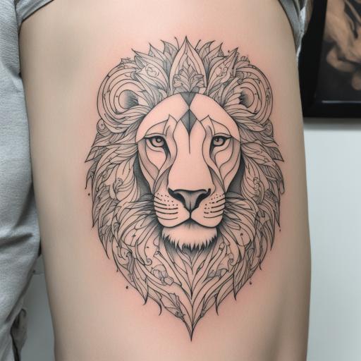 in the style of fineline tattoo, with a tattoo of Lion