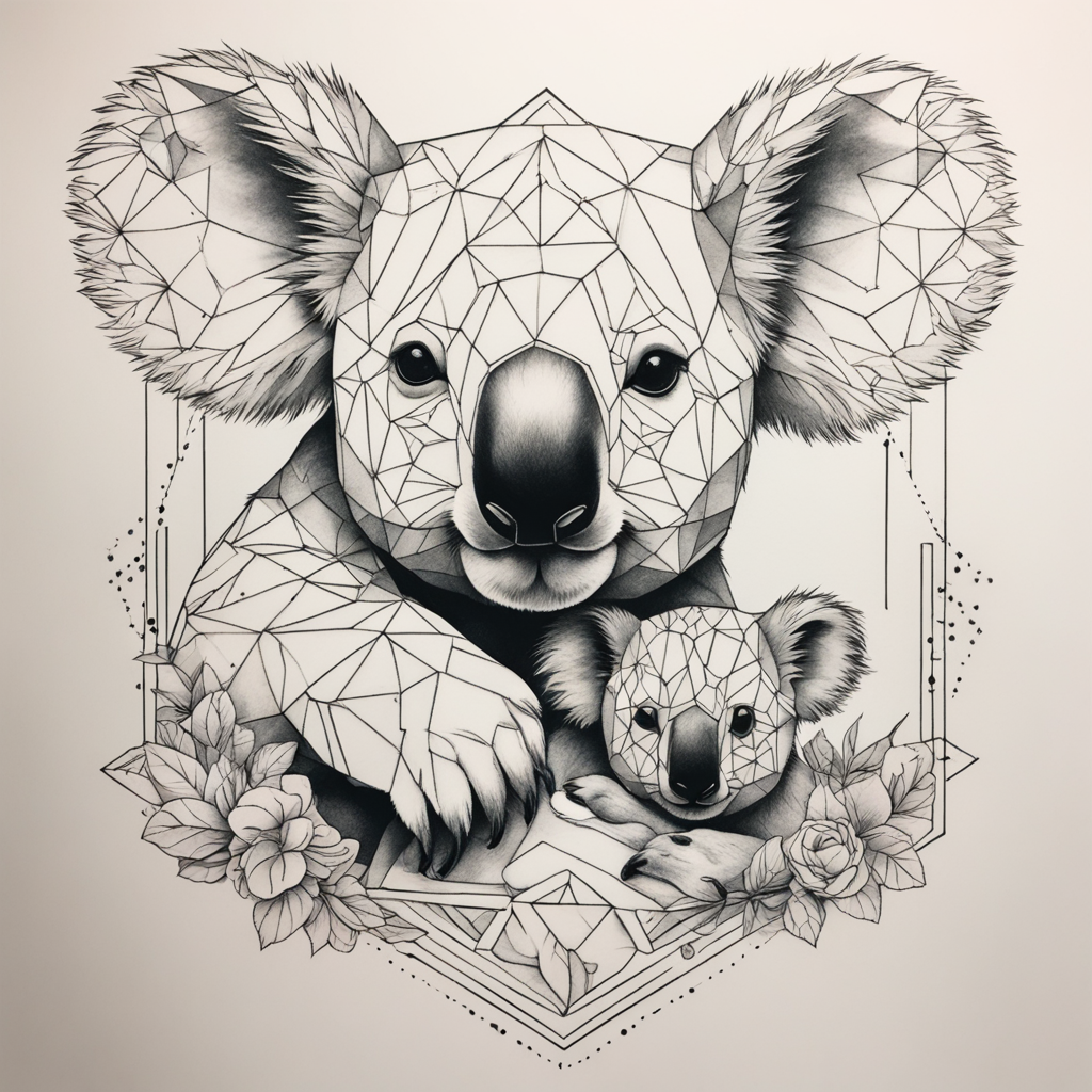 in the style of geometric tattoo, with a tattoo of koala cud