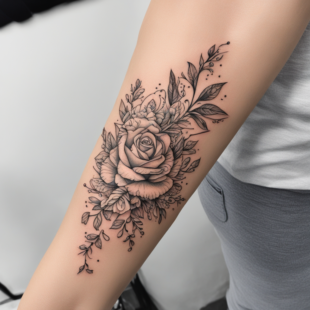 in the style of illustrative tattoo, with a tattoo of un tat