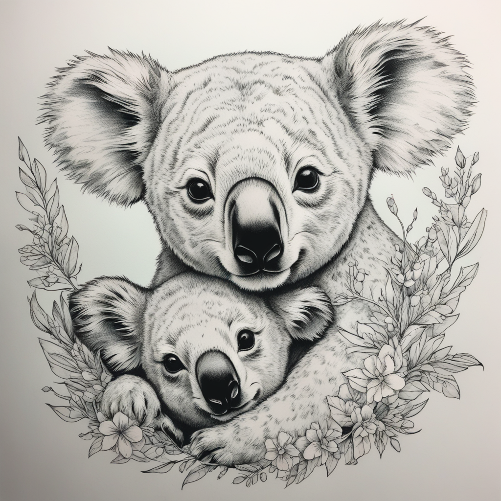 in the style of fineline tattoo, with a tattoo of koala cudd