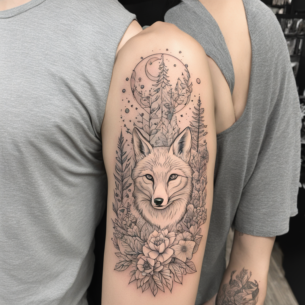 in the style of fineline tattoo, with a tattoo of half sleev