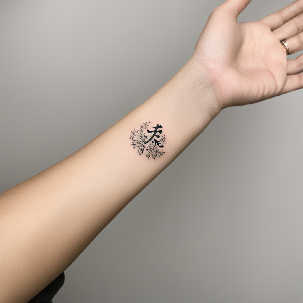 in the style of fineline tattoo, with a tattoo of "Prishma" 