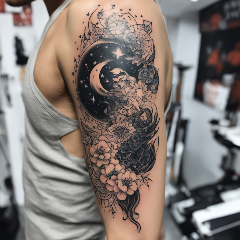 in the style of arm tattoos, with a tattoo of 星座黑白刺青，長型的在手臂，