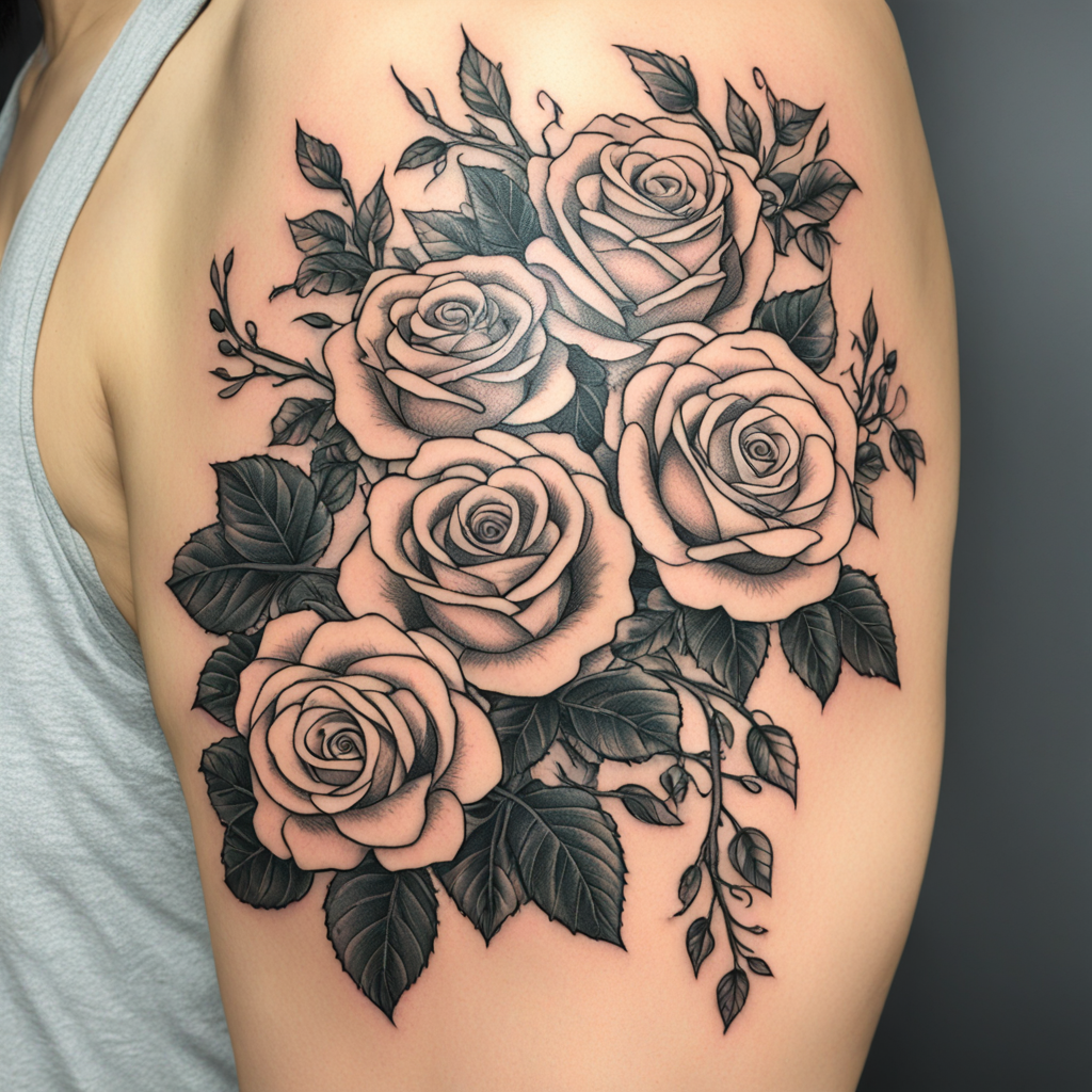 in the style of fineline tattoo, with a tattoo of 3 Roses wr