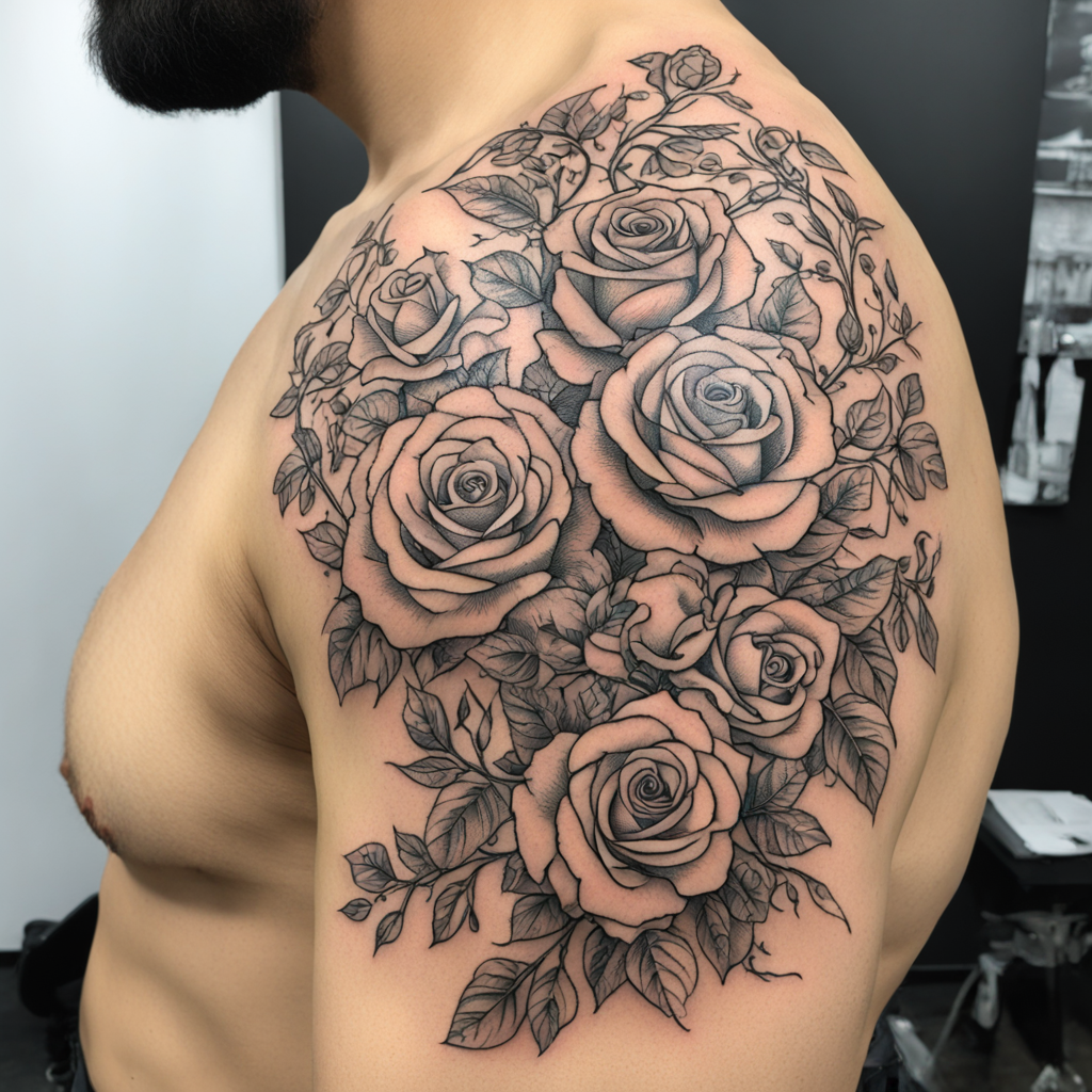 in the style of fineline tattoo, with a tattoo of Roses wrap