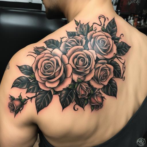 in the style of chicano tattoo, with a tattoo of 3 Roses wra