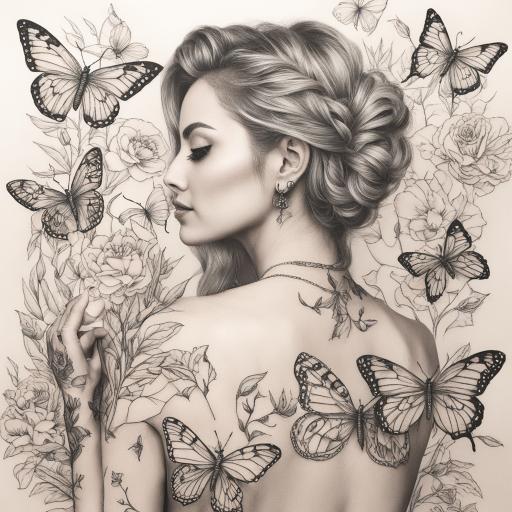 in the style of fineline tattoo, with a tattoo of Butterflie