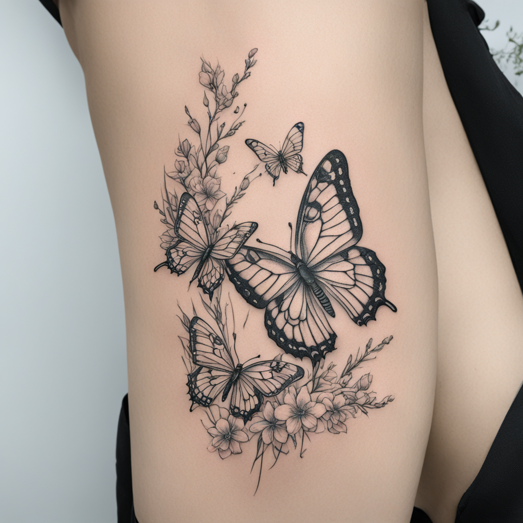 in the style of fineline tattoo, with a tattoo of Butterflie