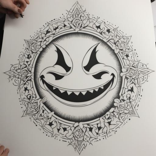 in the style of fineline tattoo, with a tattoo of evil smile