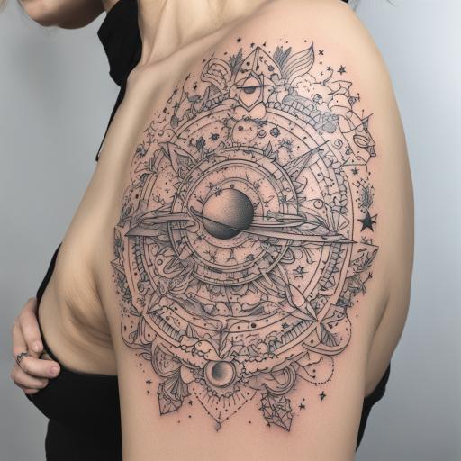 in the style of fineline tattoo, with a tattoo of Cosmic and