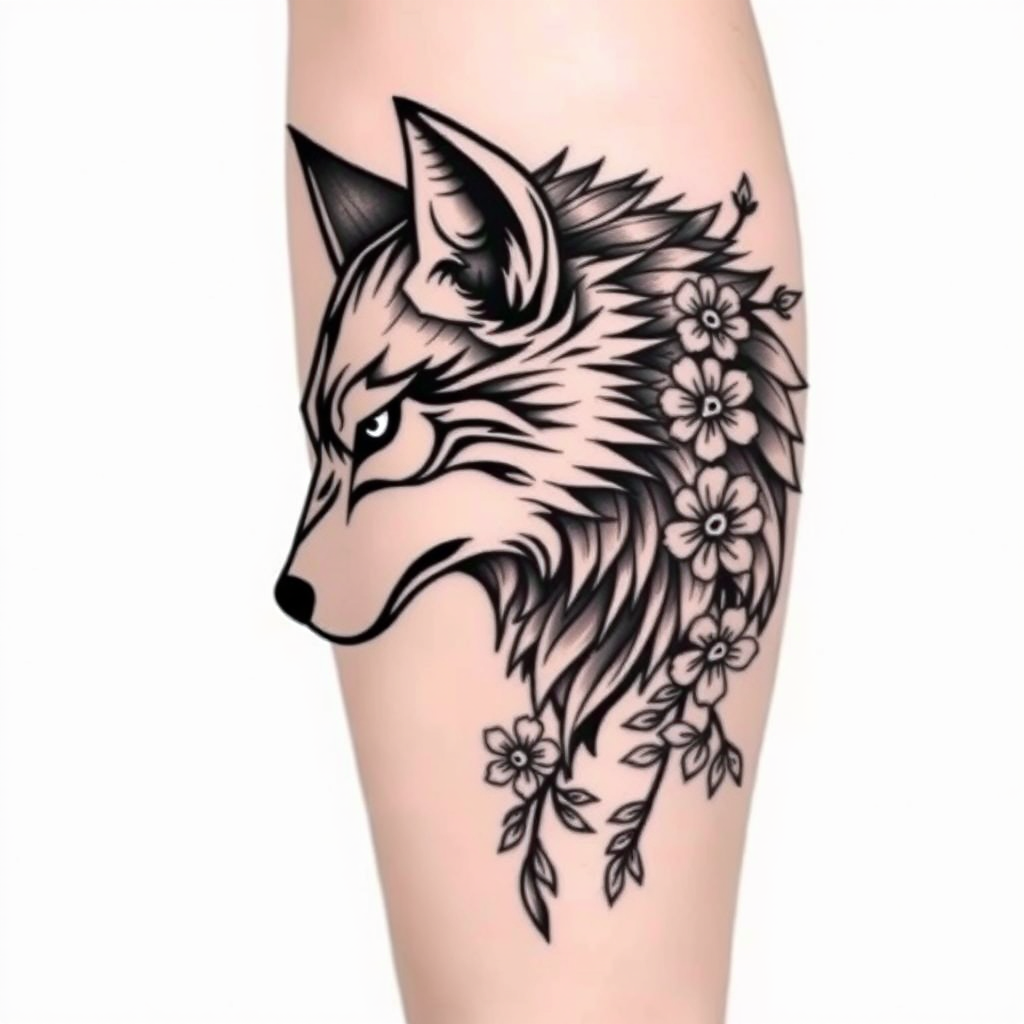 Fierce Harmony: Wolf & Flora Tattoo