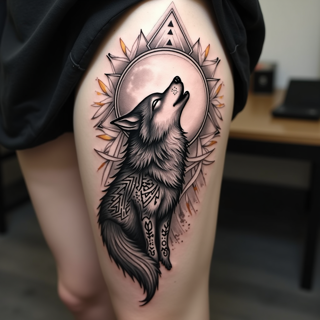 Mystic Wolf: Thigh Tattoo Design