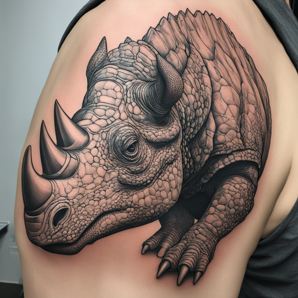 in the style of fineline tattoo, with a tattoo of Triceratop