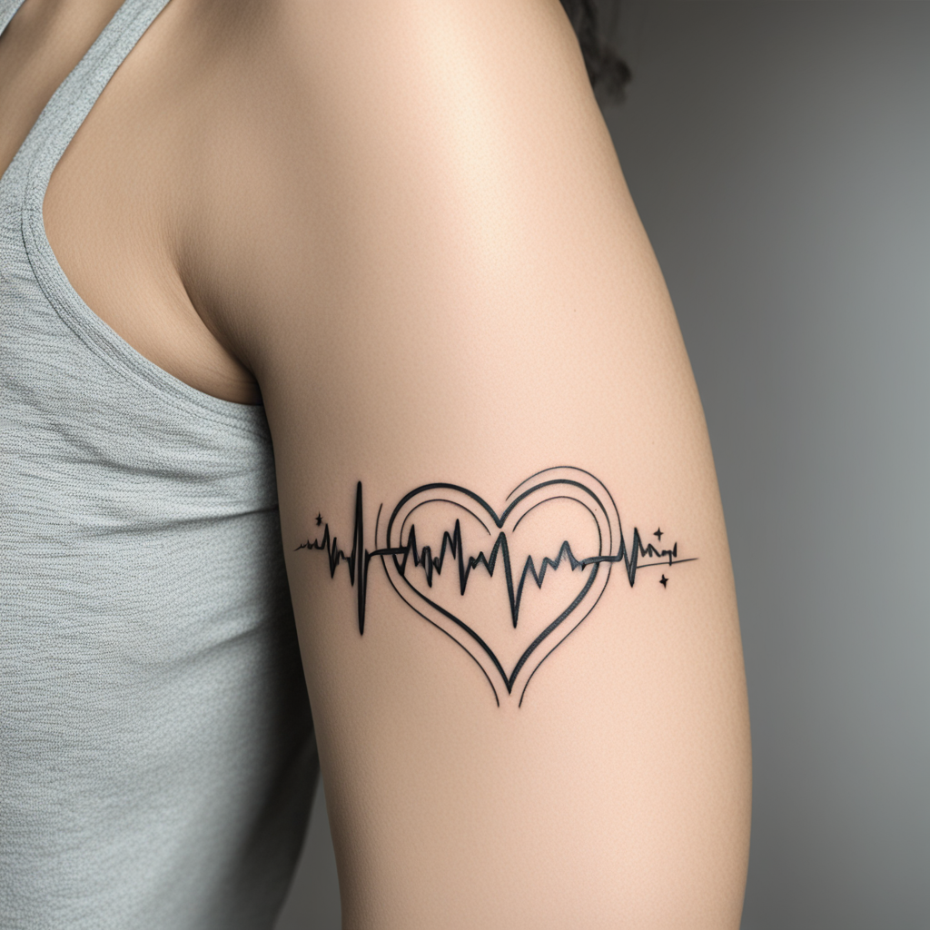 in the style of fineline tattoo, with a tattoo of Heartbeat 