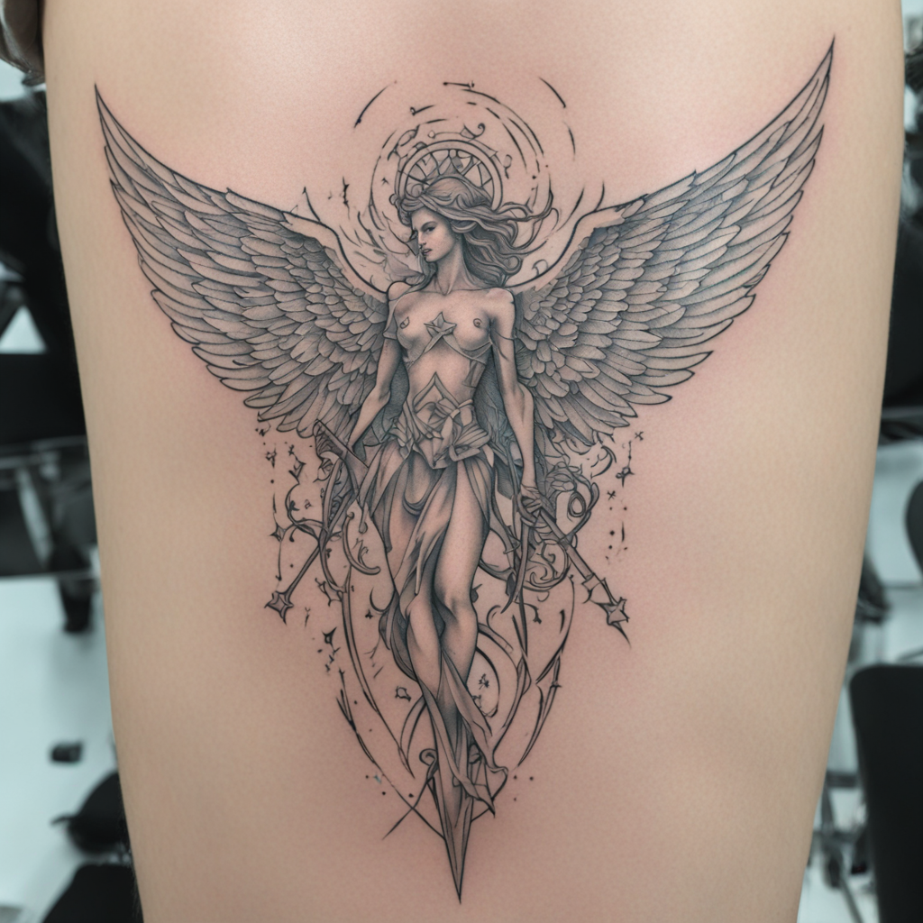 in the style of fineline tattoo, with a tattoo of Fallen Ang