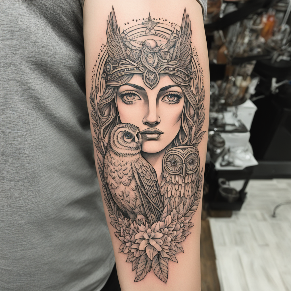 in the style of fineline tattoo, with a tattoo of Olympian g
