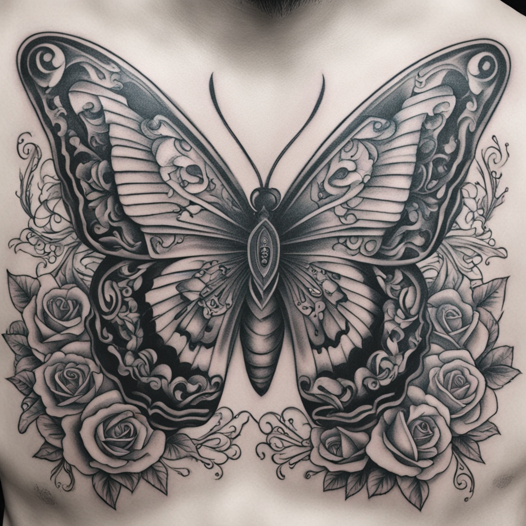 in the style of chicano tattoo, with a tattoo of Butterfly s