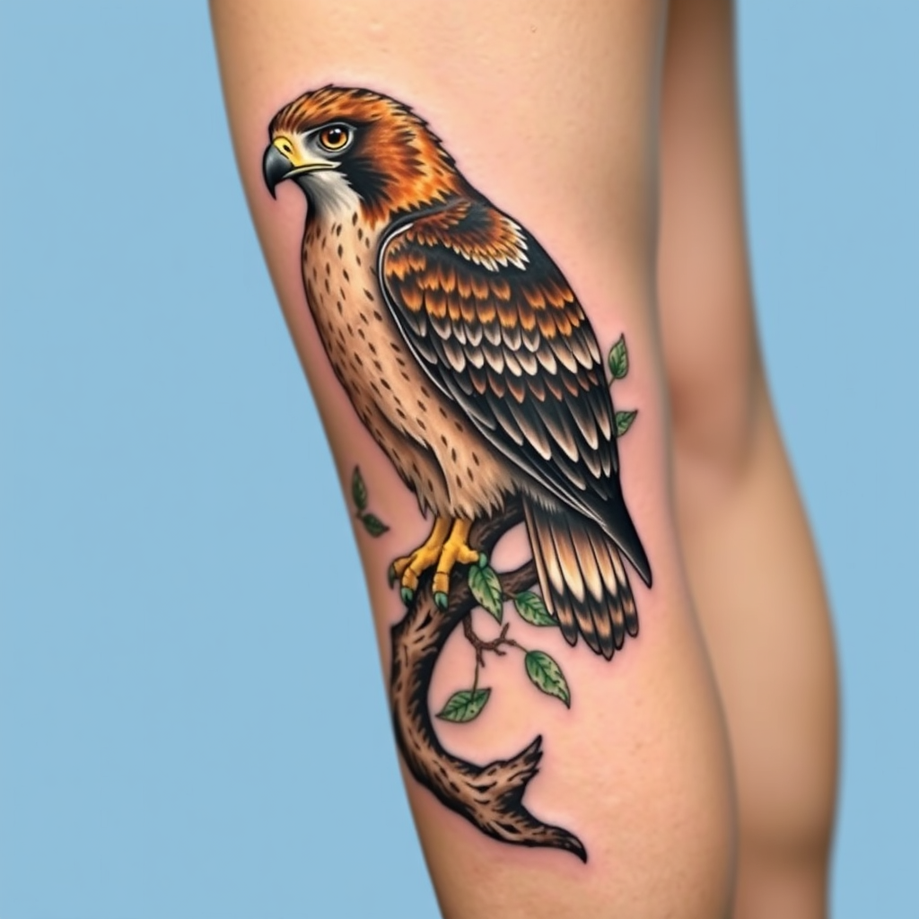 Body part: Side of the upper legPattern: Realistic hawk perched on a branch with intricate details.