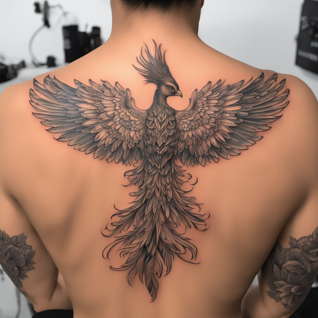 in the style of back tattoos, with a tattoo of Fénix 