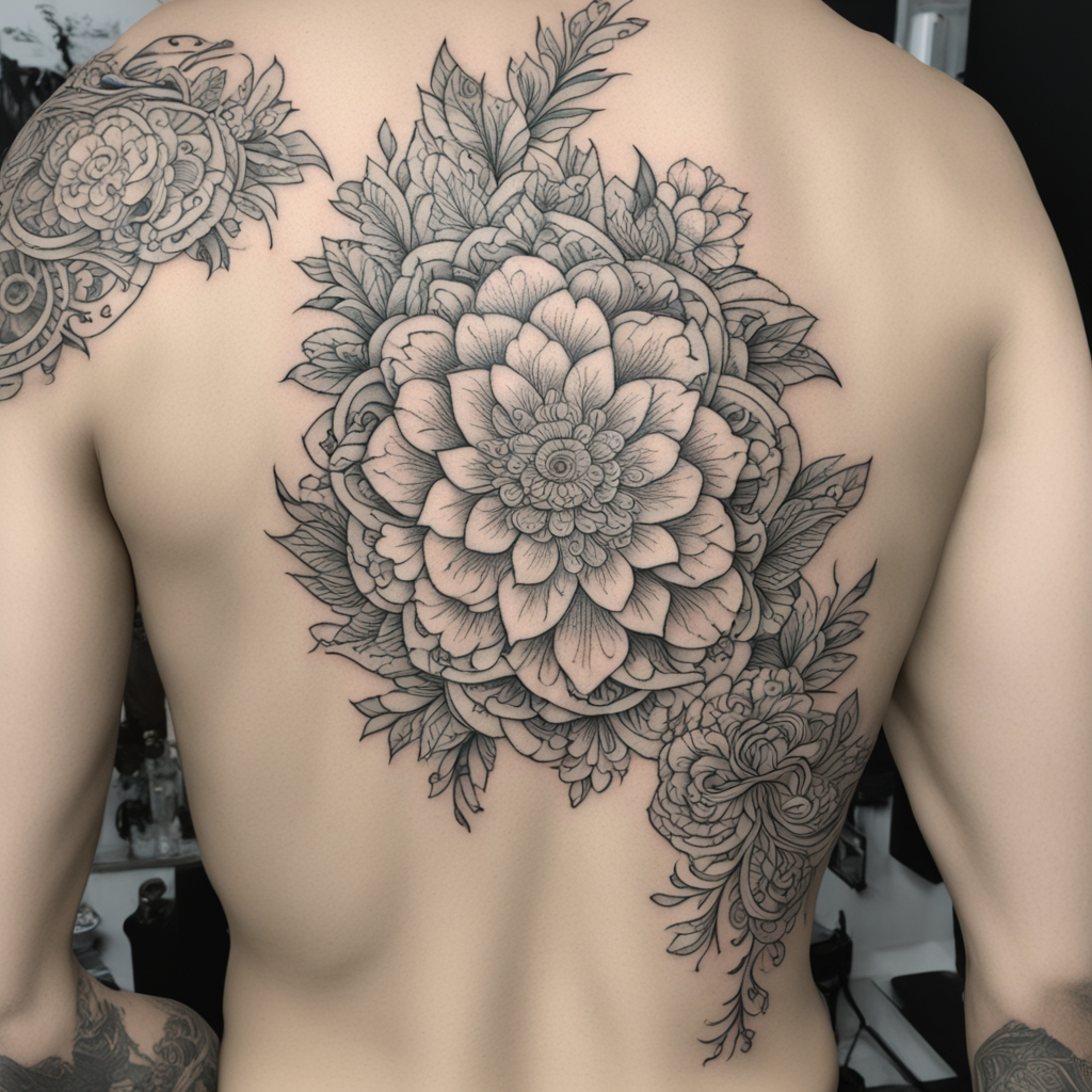 in the style of fineline tattoo, with a tattoo of estilo ori