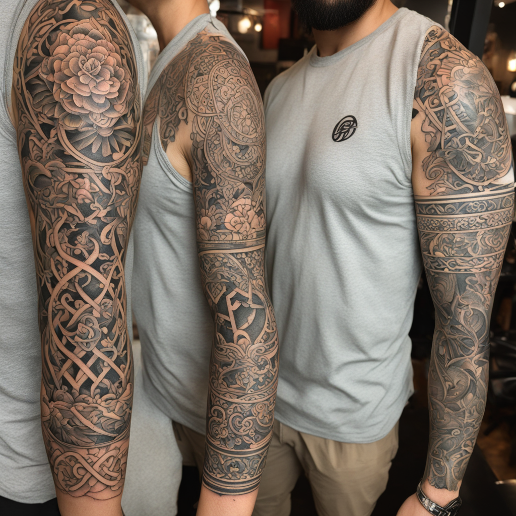 in the style of fineline tattoo, with a tattoo of estilo ori
