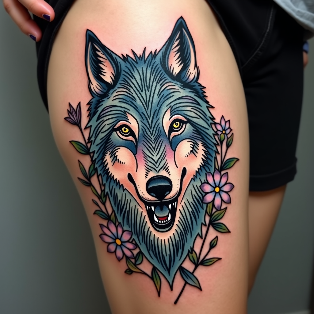 Fierce Flora: Wolf Thigh Tattoo Fierce Flora: Wolf Thigh Tattoo | 紋身, flux.1 dev | 2024-12-31