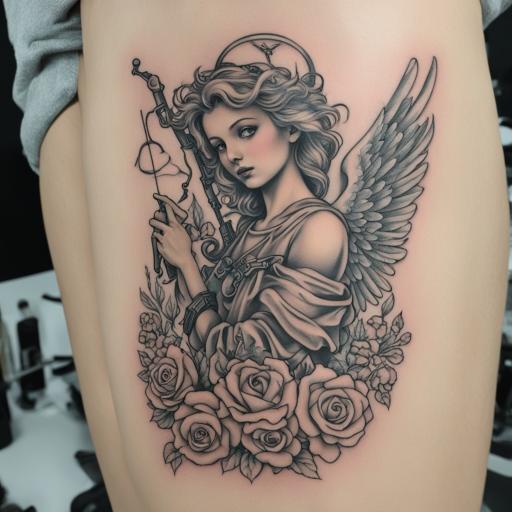 in the style of kleine tattoo, with a tattoo of Angel with g