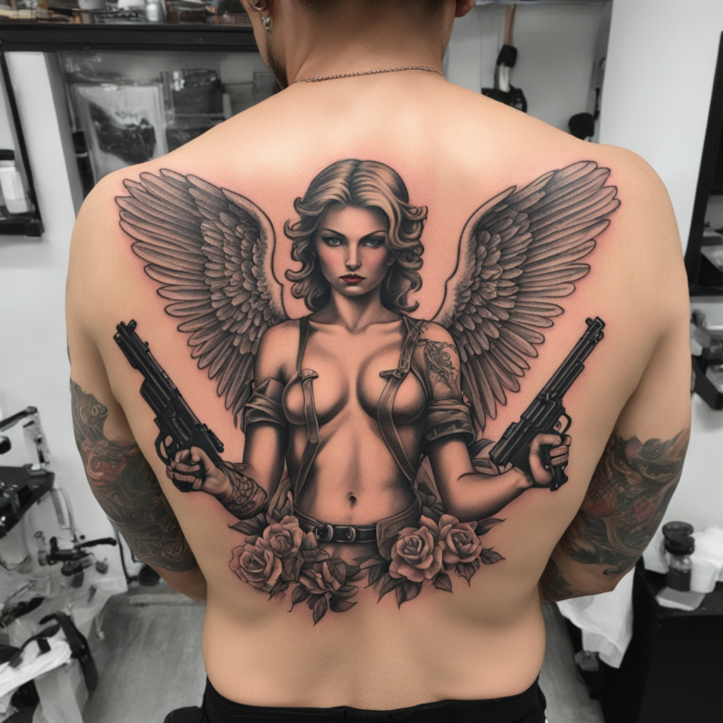 in the style of ignorant tattoo, with a tattoo of Angel with