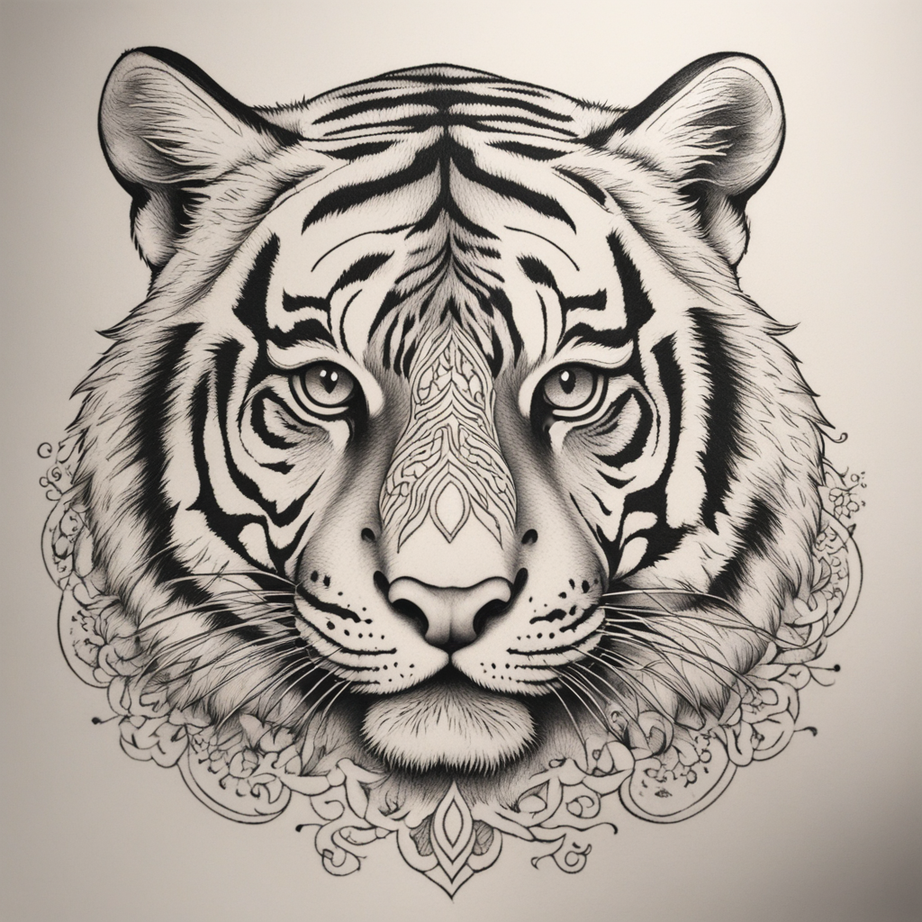 in the style of fineline tattoo, with a tattoo of tiger