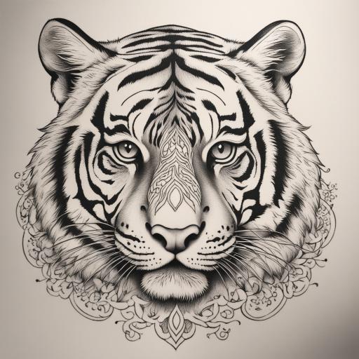 in the style of fineline tattoo, with a tattoo of tiger