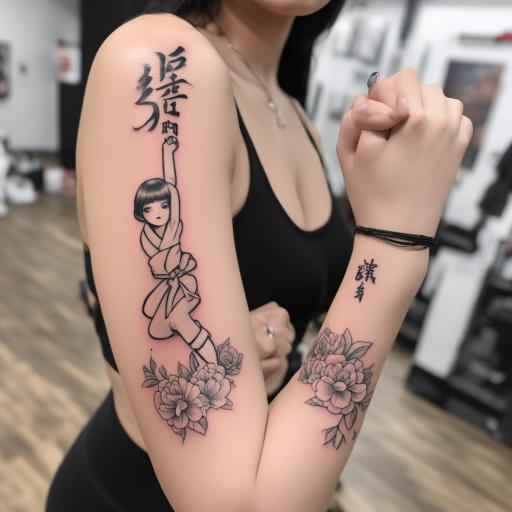 in the style of ignorant tattoo, with a tattoo of A Karate g