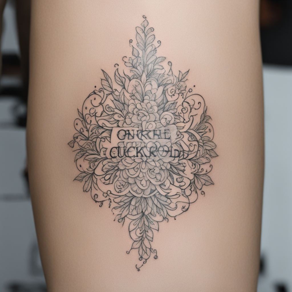 in the style of fineline tattoo, with a tattoo of The inscri