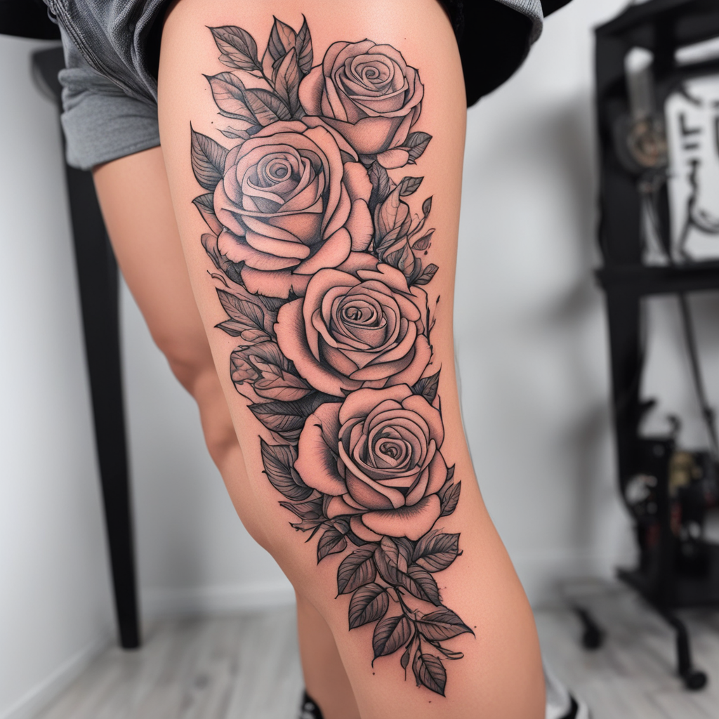 in the style of leg tattoos, with a tattoo of Rose